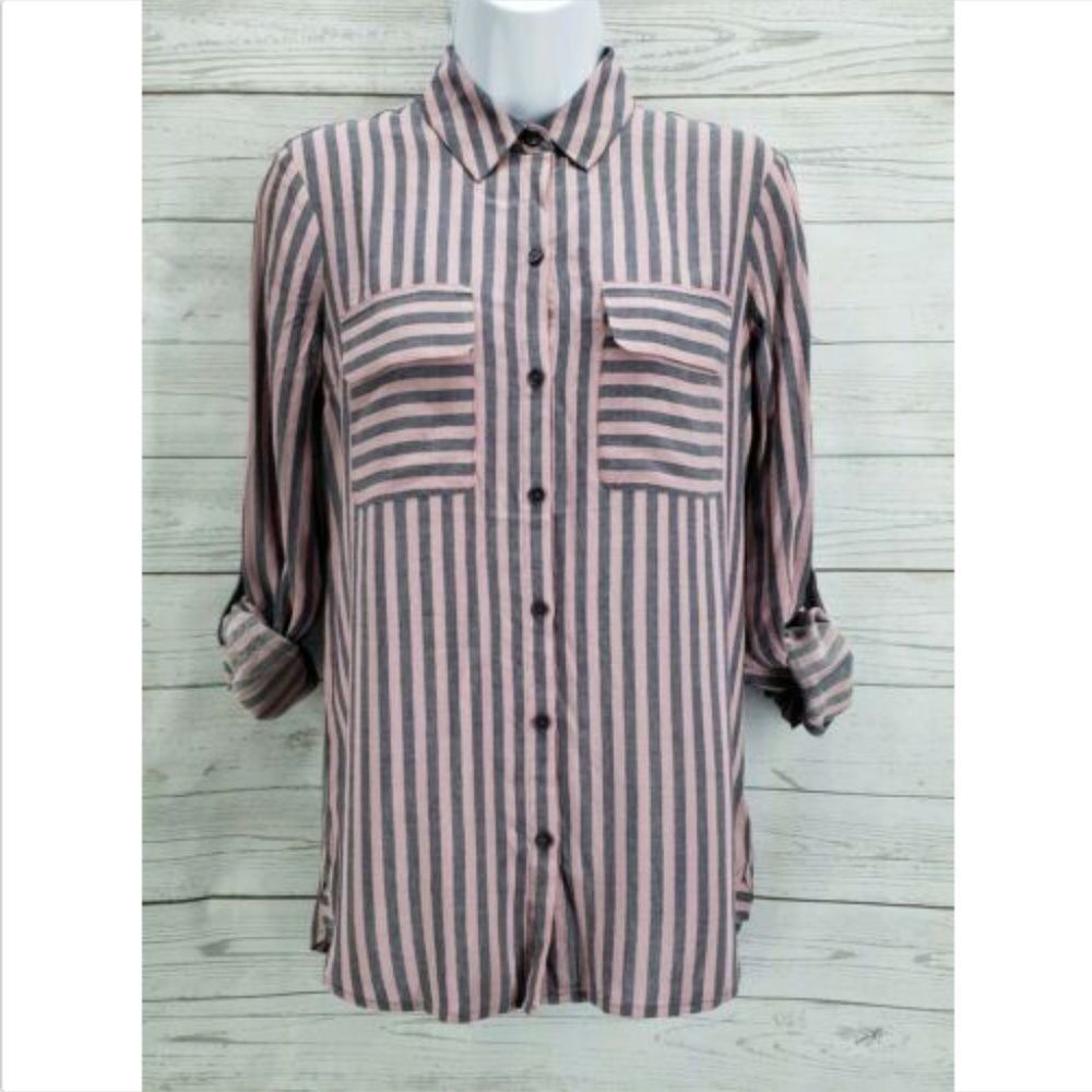 Express Blouse Sz XS Pink Gray Striped Long Sleeve